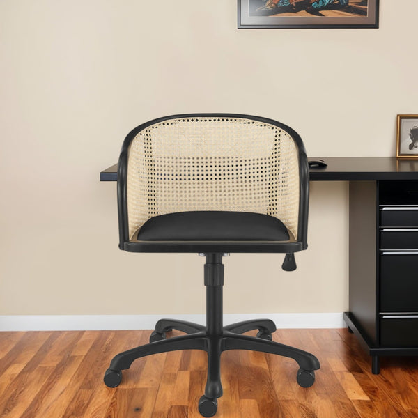 Homeroots Beige Adjustable Swivel Rolling Office Chair - Stylish Solid Wood & Rattan Design For Comfort  Solid Wood 558361