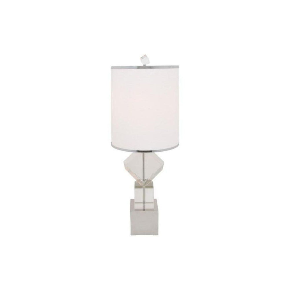 HomeRoots 31" Modern Glam Clear and Silver Faux Crystal Geometric Table Lamp with White Drum Shade Design 558364