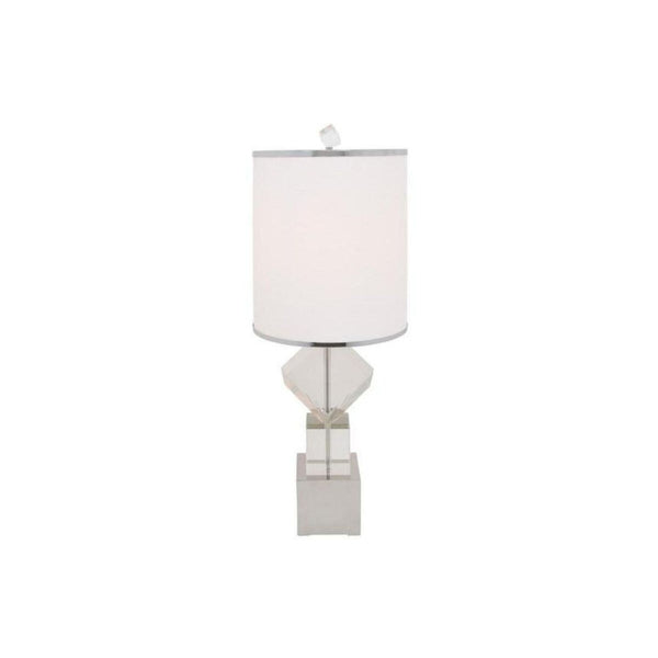 HomeRoots 31" Modern Glam Clear and Silver Faux Crystal Geometric Table Lamp with White Drum Shade Design 558364