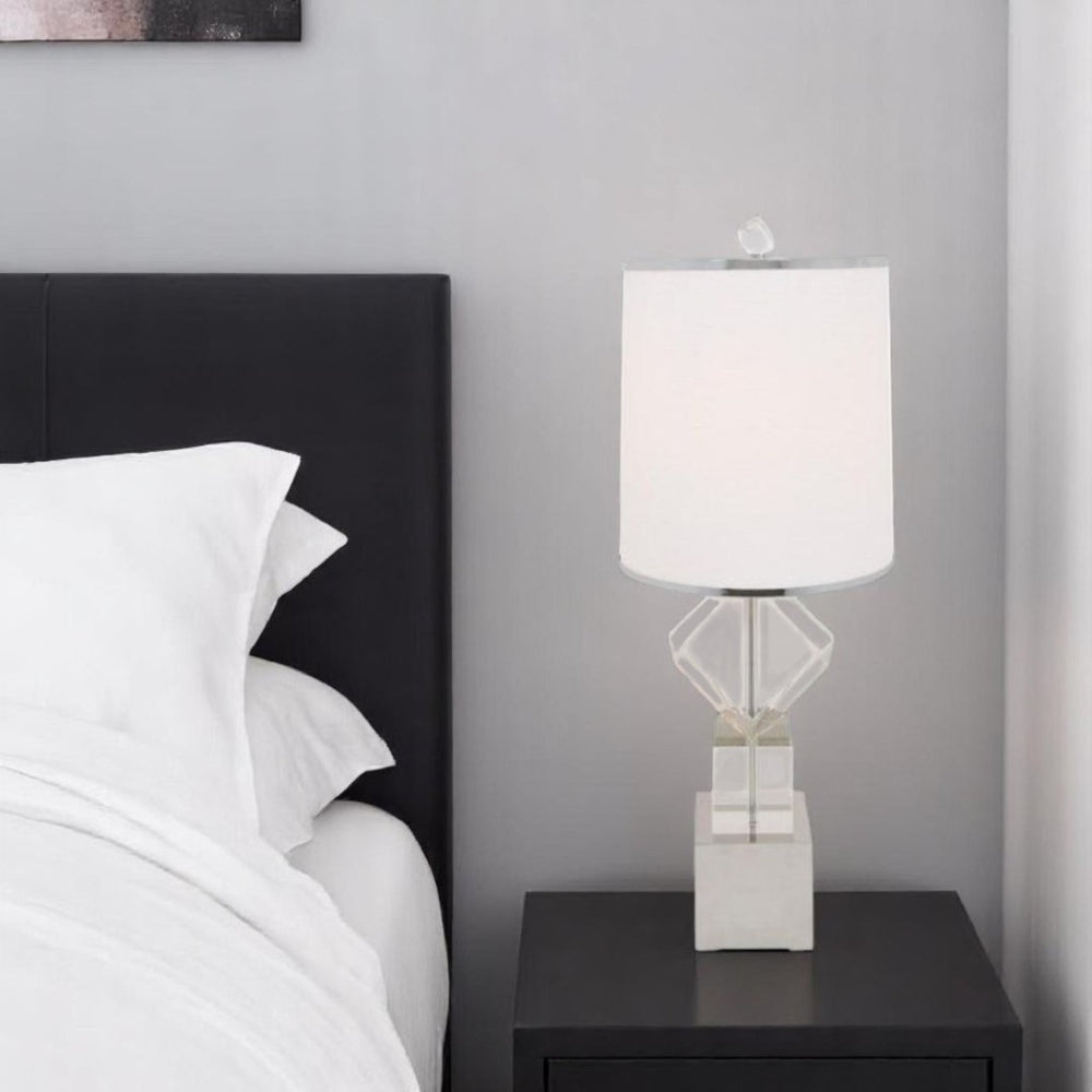 HomeRoots 31" Modern Glam Clear and Silver Faux Crystal Geometric Table Lamp with White Drum Shade Design 558364