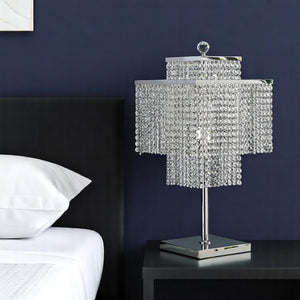 HomeRoots 22" Silver Table Lamp with Crystal Rainfall Shade - Elegant LED Lighting for Modern Interiors 558370