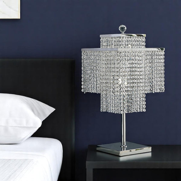 HomeRoots 22" Silver Table Lamp with Crystal Rainfall Shade - Elegant LED Lighting for Modern Interiors 558370