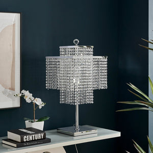 HomeRoots 22" Silver Table Lamp with Crystal Rainfall Shade - Elegant LED Lighting for Modern Interiors 558370