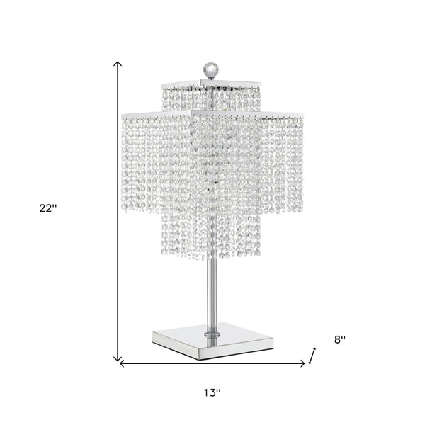 HomeRoots 22" Silver Table Lamp with Crystal Rainfall Shade - Elegant LED Lighting for Modern Interiors 558370