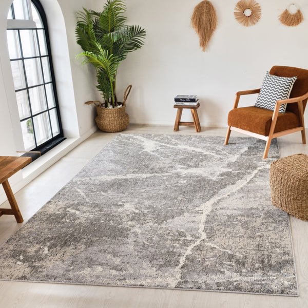 HomeRoots 5' Gray and Ivory Abstract Area Rug - Modern Artistry, Stain-Resistant & Perfect for Busy Homes 8' X 11' 558387