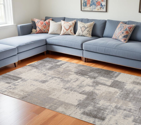 HomeRoots 5' Gray and Beige Abstract Distressed Area Rug – Modern Style, Stain-Resistant, Durable for Homes 7' X 10' 558396