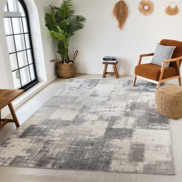 HomeRoots 5' Gray and Beige Abstract Distressed Area Rug – Modern Style, Stain-Resistant, Durable for Homes 7' X 10' 558396