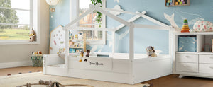 English Elm Queen House Shaped Kids Floor Bed Pine Wood Frame with Guardrails and Personalized Headboard Light White W1580P396334