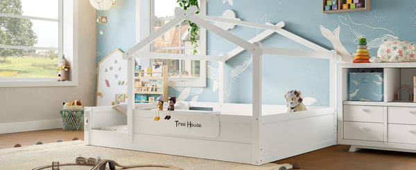 English Elm Queen House Shaped Kids Floor Bed Pine Wood Frame with Guardrails and Personalized Headboard Light White W1580P396334
