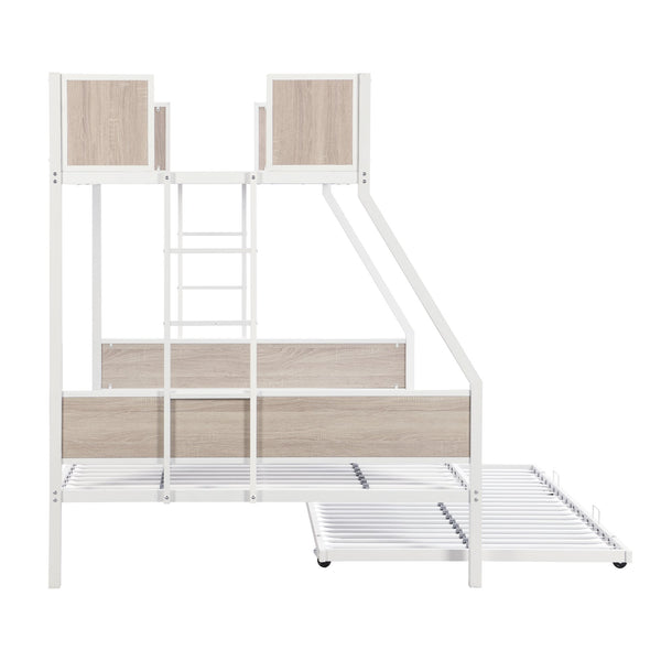 English Elm Twin Over Full Metal Bunk Bed with Trundle, Space-Saving Platform, Built-In Storage & Guardrail Brown+White 80.51 L x 13.98 W x 8.34 H W2297P216479