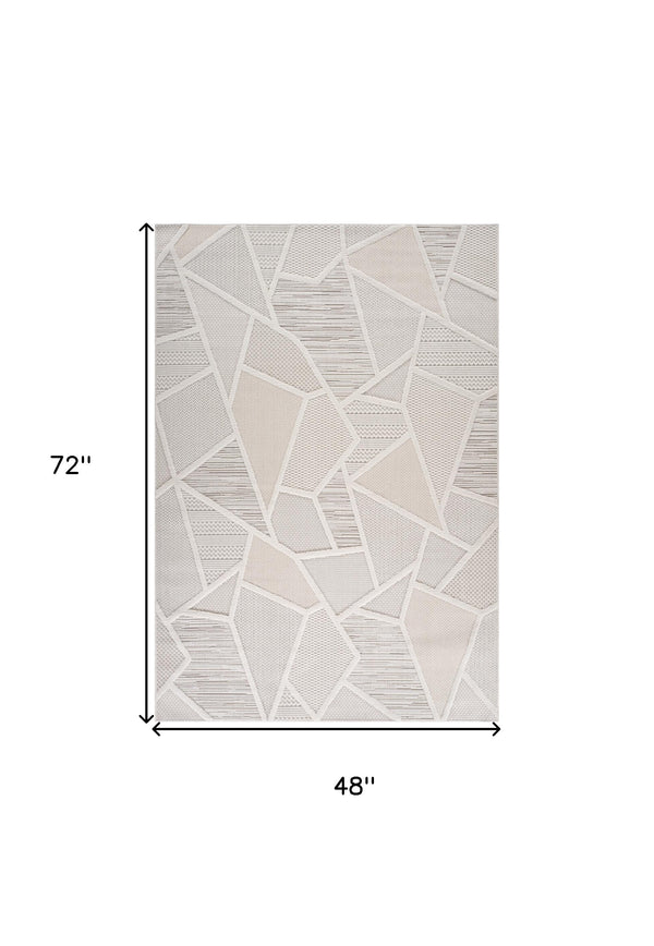 Homeroots 4' X 6' Cream And Beige Geometric Distressed Area Rug  Polyester 558407