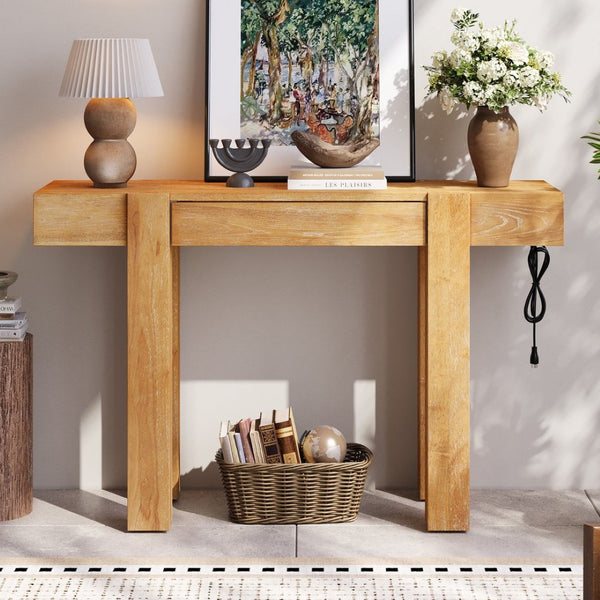 English Elm Trexm Ash Veneer Entryway Console Table Built in Power Outlet Drawer Rubberwood Natural N715P361518N