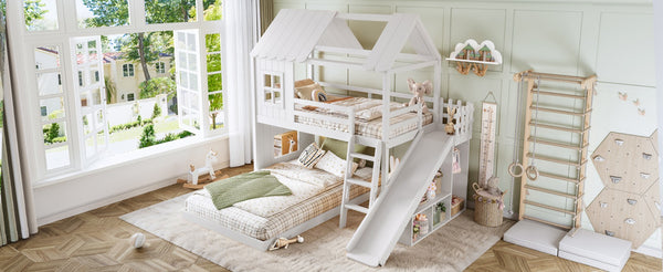 English Elm Twin Over Full Playhouse Bunk Bed with Slide Ladder Storage Shelves and Wardrobe Light White W5305S00039