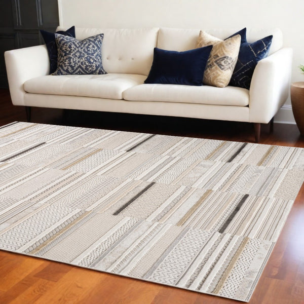 HomeRoots 5' Gray and Beige Abstract Distressed Area Rug - Versatile, Stain-Resistant Design for Any Space 7' X 10' 558425