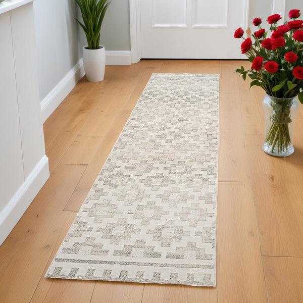 Homeroots 8' Gray And Beige Moroccan Distressed Runner Rug - Stylish, Durable, Stain-resistant For Any Space! 2' X 8' Polyester 558440