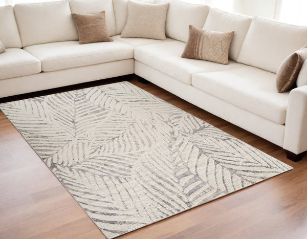 Homeroots 5' X 8' Gray And Cream Botanical Leaves Area Rug  Polypropylene 558475
