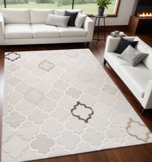 Homeroots 5' X 8' Cream And Beige Geometric Distressed Area Rug  Polyester 558485