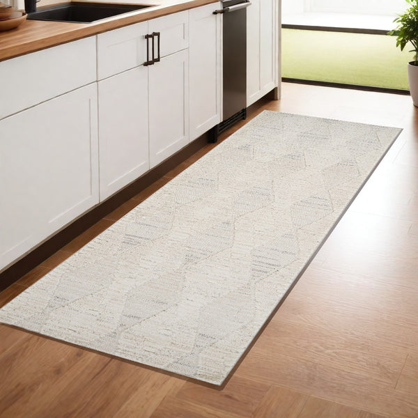 Homeroots 8' Cream And Beige Geometric Distressed Runner Rug - Stain Resistant, Stylish Design For Any Space  Polyester 558489