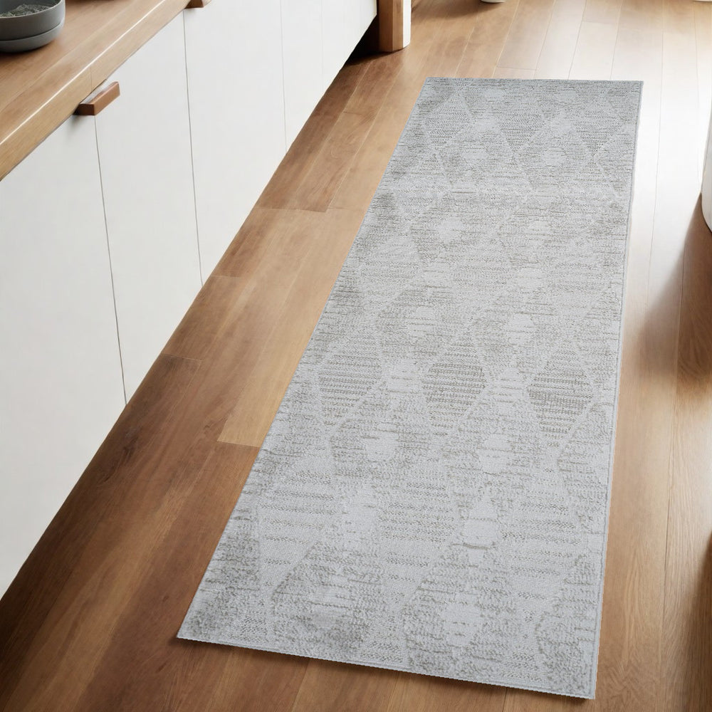 Homeroots 8' Gray And Ivory Geometric Distressed Runner Rug - Durable, Stain-resistant, Modern Accent For Your Home 2' X 8' Polyester 558495