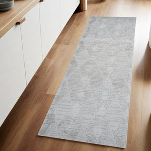Homeroots 8' Gray And Ivory Geometric Distressed Runner Rug - Durable, Stain-resistant, Modern Accent For Your Home 2' X 8' Polyester 558495