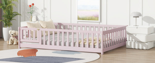 English Elm Twin Solid Rubberwood Floor Bed with Full Perimeter Safety Rails for Toddler Rooms Pink W504P296791