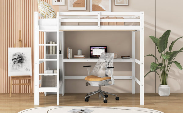 English Elm Full Size Loft Bed With Under-Bed Desk & Multifunction Shelves - Space-Saving White Design For Teens N7090005004K