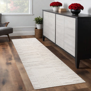 Homeroots 8' Gray And Beige Geometric Distressed Runner Rug - Durable, Stain-resistant, Perfect For Hallways! 2' X 8' Polyester 558507