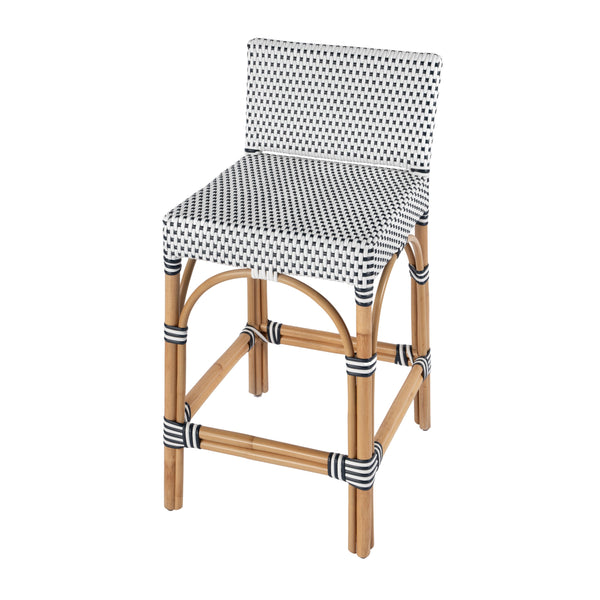 Butler Specialty Serienna Low Back Rattan Counter Stool – Stylish Modern Island Charm For Kitchen And Bar Spaces White And Navy Dot Rattan,Polyurethane Synthetic (Pe) Rattan 5585291-butler