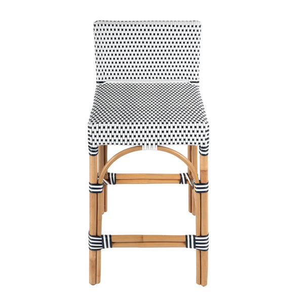 Butler Specialty Serienna Low Back Rattan Counter Stool – Stylish Modern Island Charm For Kitchen And Bar Spaces White And Navy Dot Rattan,Polyurethane Synthetic (Pe) Rattan 5585291-butler