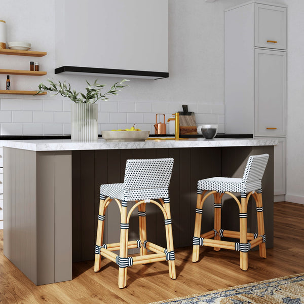 Butler Specialty Serienna Low Back Rattan Counter Stool – Stylish Modern Island Charm For Kitchen And Bar Spaces White And Navy Dot Rattan,Polyurethane Synthetic (Pe) Rattan 5585291-butler