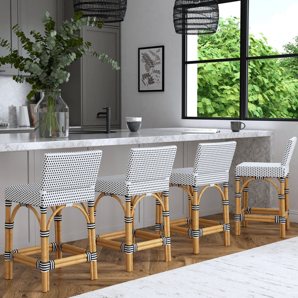 Butler Specialty Serienna Low Back Rattan Counter Stool – Stylish Modern Island Charm For Kitchen And Bar Spaces Black And White Rattan,Polyurethane Synthetic (Pe) Rattan 5585295-butler