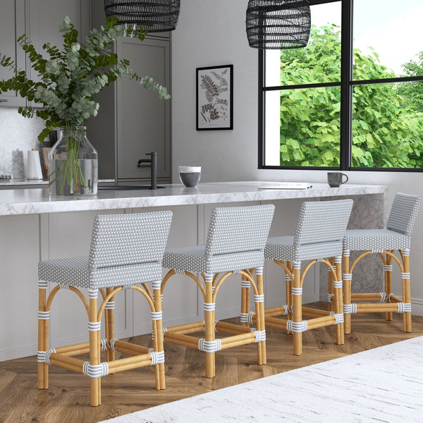 Butler Specialty Serienna Low Back Rattan Counter Stool – Stylish Modern Island Charm For Kitchen And Bar Spaces Gray And White Rattan,Polyurethane Synthetic (Pe) Rattan 5585329-butler