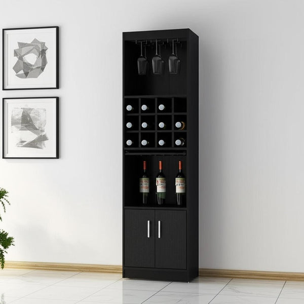 HomeRoots 71" Black Wood Bar Cabinet - Stylish Storage for Wine, Glassware & Accessories in Compact Spaces 558540