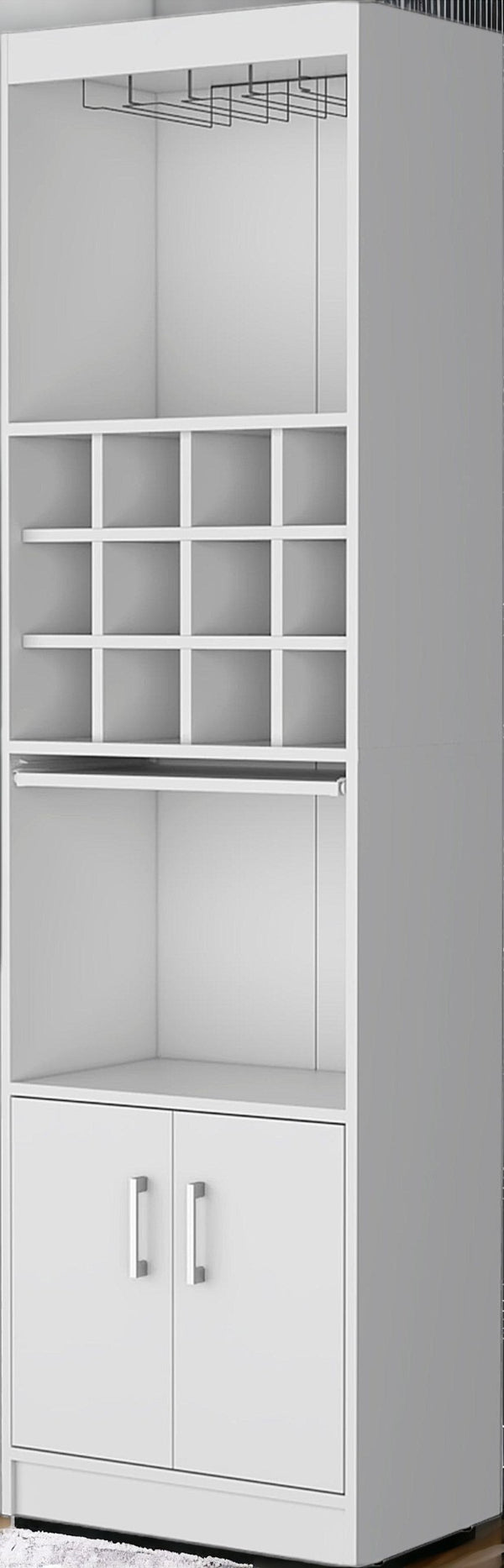 HomeRoots 71" White Wood Bar Cabinet - Stylish Storage Solution with Open Shelves & Concealed Space for Entertaining 558541