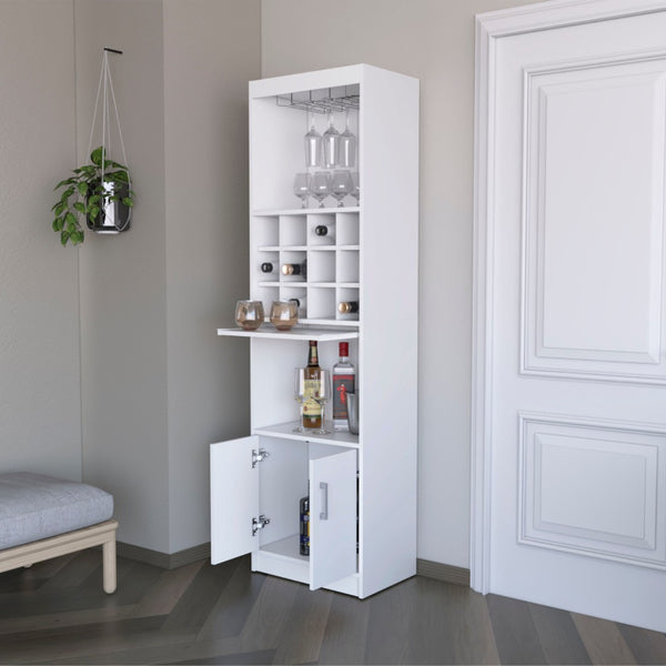 HomeRoots 71" White Wood Bar Cabinet - Stylish Storage Solution with Open Shelves & Concealed Space for Entertaining 558541