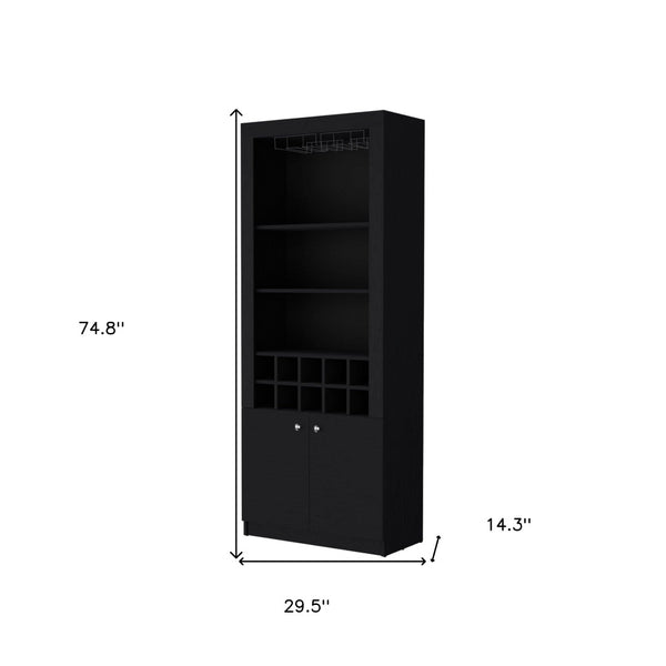 HomeRoots 75" Black Wood Bar Cabinet – Modern, Stylish Storage with Two Doors for Wine, Glasses & Accessories 558542