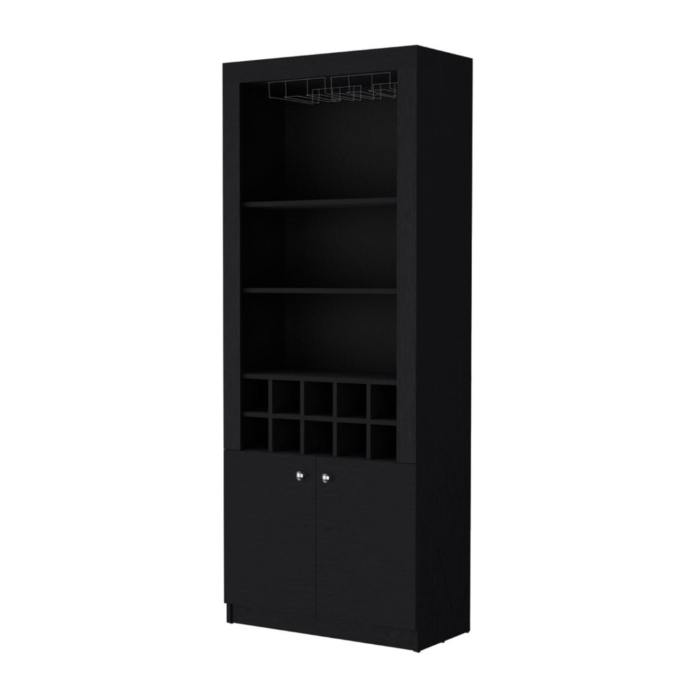 HomeRoots 75" Black Wood Bar Cabinet – Modern, Stylish Storage with Two Doors for Wine, Glasses & Accessories 558542