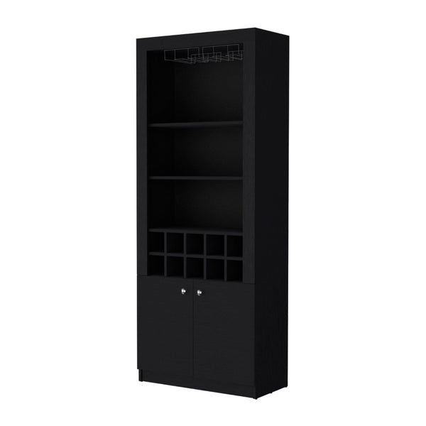 HomeRoots 75" Black Wood Bar Cabinet – Modern, Stylish Storage with Two Doors for Wine, Glasses & Accessories 558542