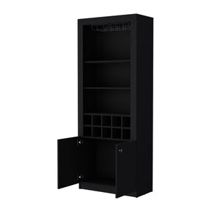 HomeRoots 75" Black Wood Bar Cabinet – Modern, Stylish Storage with Two Doors for Wine, Glasses & Accessories 558542