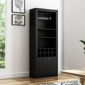 HomeRoots 75" Black Wood Bar Cabinet – Modern, Stylish Storage with Two Doors for Wine, Glasses & Accessories 558542