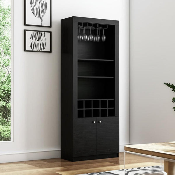 HomeRoots 75" Black Wood Bar Cabinet – Modern, Stylish Storage with Two Doors for Wine, Glasses & Accessories 558542