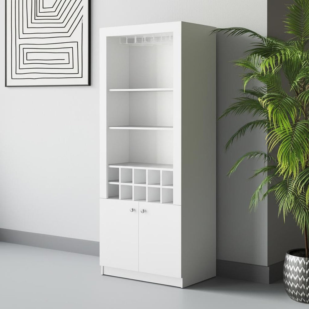 HomeRoots 75" Modern White Wood Bar Cabinet – Elegant Storage for Wine & Glasses, Perfect for Any Space! 558543