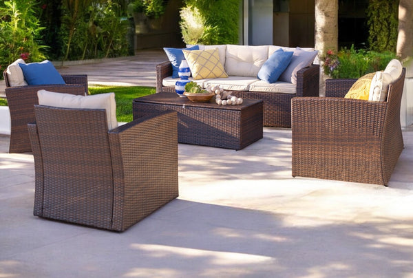 Homeroots Five Piece Outdoor Dark Brown Wicker Sofa Seating Group With Beige Cushions  Does Not Apply 558547