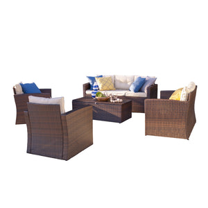 Homeroots Five Piece Outdoor Dark Brown Wicker Sofa Seating Group With Beige Cushions  Does Not Apply 558547