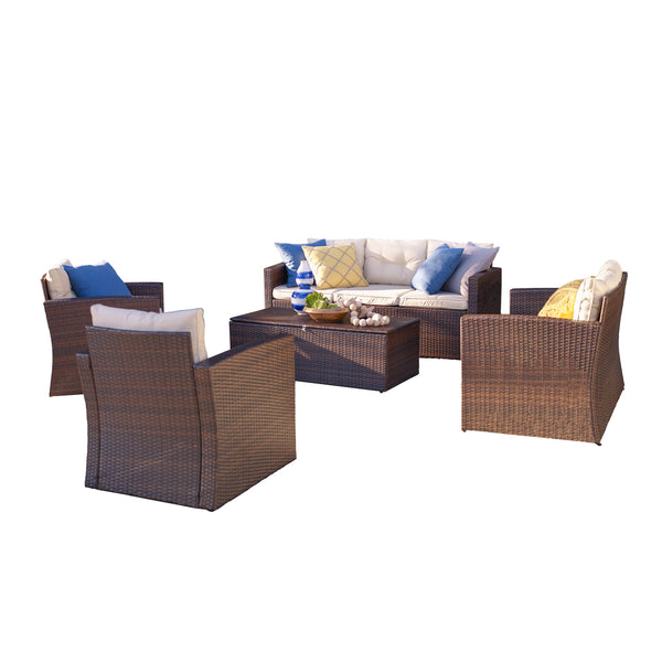 Homeroots Five Piece Outdoor Dark Brown Wicker Sofa Seating Group With Beige Cushions  Does Not Apply 558547