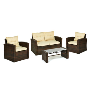 Homeroots Four Piece Outdoor Brown Wicker Sofa Seating Group With Beige Cushions  Wicker 558548