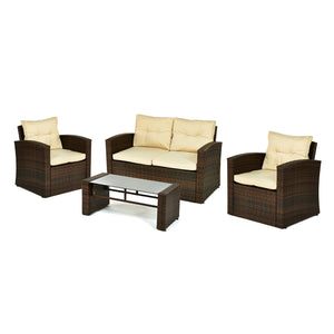Homeroots Four Piece Outdoor Brown Wicker Sofa Seating Group With Beige Cushions  Wicker 558548