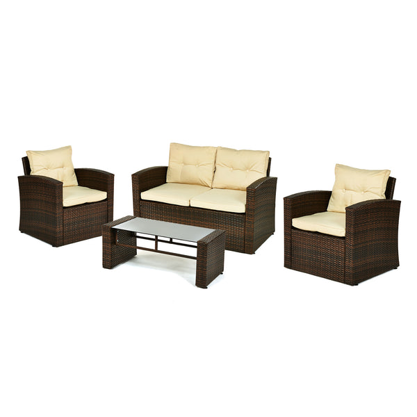 Homeroots Four Piece Outdoor Brown Wicker Sofa Seating Group With Beige Cushions  Wicker 558548