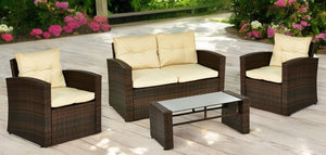 Homeroots Four Piece Outdoor Brown Wicker Sofa Seating Group With Beige Cushions  Wicker 558548