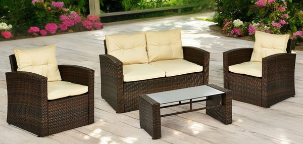Homeroots Four Piece Outdoor Brown Wicker Sofa Seating Group With Beige Cushions  Wicker 558548